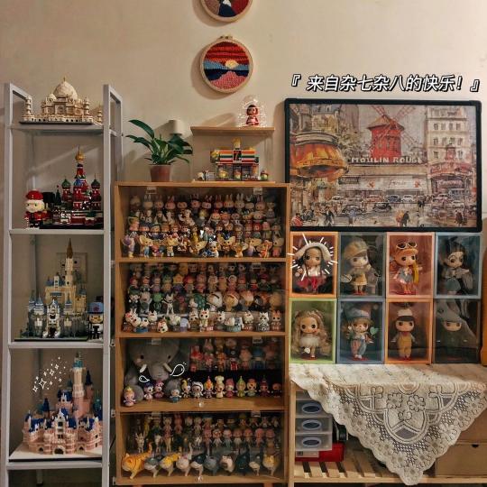 杂七杂八的玩具，喜欢摆的整整齐齐，用过各种亚克力收纳盒，最后在洋淘种草了一个书架，自己定制了亚克力门做成了收纳架。最近收纳架快满了，开启沉迷做盲盒场景。给崽们安排小剧场。手黑党，娃都是潮玩收的，相比抽