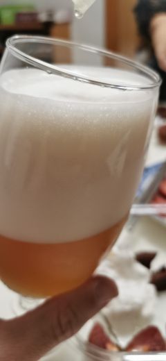 暗橙色浑浊酒液，奶白色泡沫细腻丰富持久挂
杯。
蜜柚，蜂蜜，