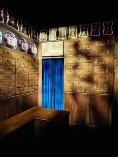 走进剧院满满的港风的装修风格，四周有珍珑茶餐厅，鸿寿堂、图书