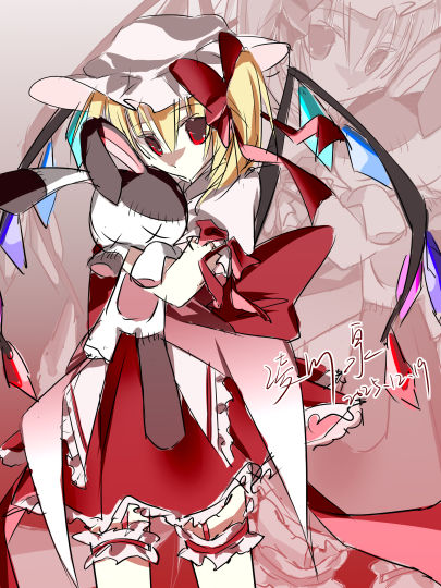 *一阵强劲的音乐响起
其实是想画出可爱但又十分危险的感觉，所以姿势画了芙兰抱着玩偶看上去十分乖巧，但光源选择了正下方
氛围方面还是在练习…完全没画出光源在正下方的感觉
这个服装设计是有点巧思在里面的…