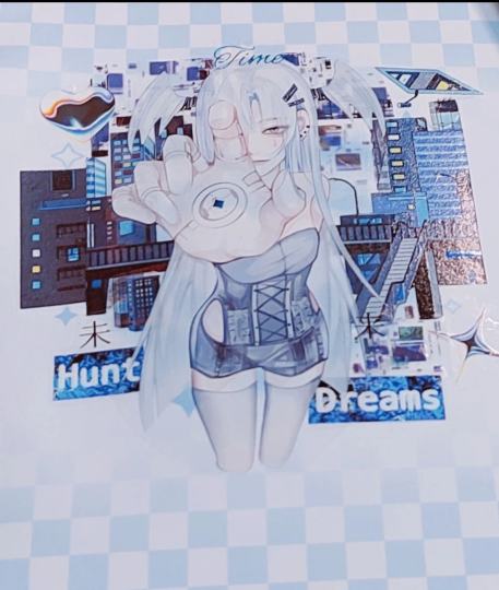 在咕本上的一次拼贴，主体是蓝色系的未来机械感ヾ(๑╹ヮ╹๑)ﾉ”
人物是分子实验室家的（之前千岛有售）
背景装饰应该是shine今年新出的一款胶带，又忘了叫啥名了。还有另外一个换色黑色系的的款，两米的