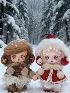 初雪降临的森林里，藏着一对偷跑出来的可爱🎄
暖棕色贝雷帽配