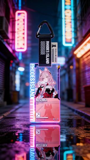 罗德岛新干员「NUSENKA」的霓虹款身份卡挂饰来啦🎀！粉发狐耳搭配赛博霓虹光效，直接把 “龙门不夜城外勤任务” 氛围感拉满💫~
挂饰自带渐变冷光，晃一晃像刚从酒吧街执行完秘密委托（博士：这工牌比我的