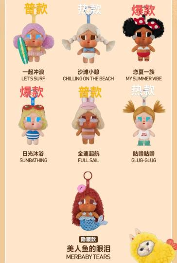 哭娃新品以度假为主题，真的萌到爆，采用糖胶脸搭配毛绒身体的工艺，有6款常规款和1款隐藏款。常规款包括沙滩小憩、一起冲浪、咕噜咕噜、全速起航、恋夏一族、日光沐浴。隐藏款为美人鱼的眼泪。这些玩偶发量丰富，