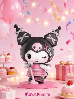 💖酷洛米站在满是蛋糕和气球的派对现场，拿着麦克风好像下一秒